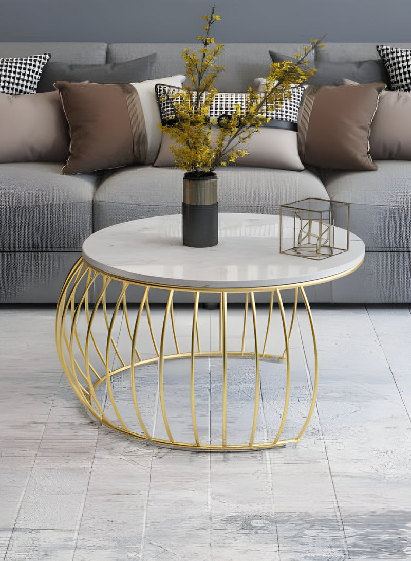 l'elefante Modern Luxury Round Coffee Table – White MDF Wooden Top with Gold Iron Legs – Elegant Minimalist Centerpiece for Living Room, Majlis, Office, Hotel – Ready to Use, No Assembly – Durable Metal Frame – Arabic Home Decor Style  - Image 3