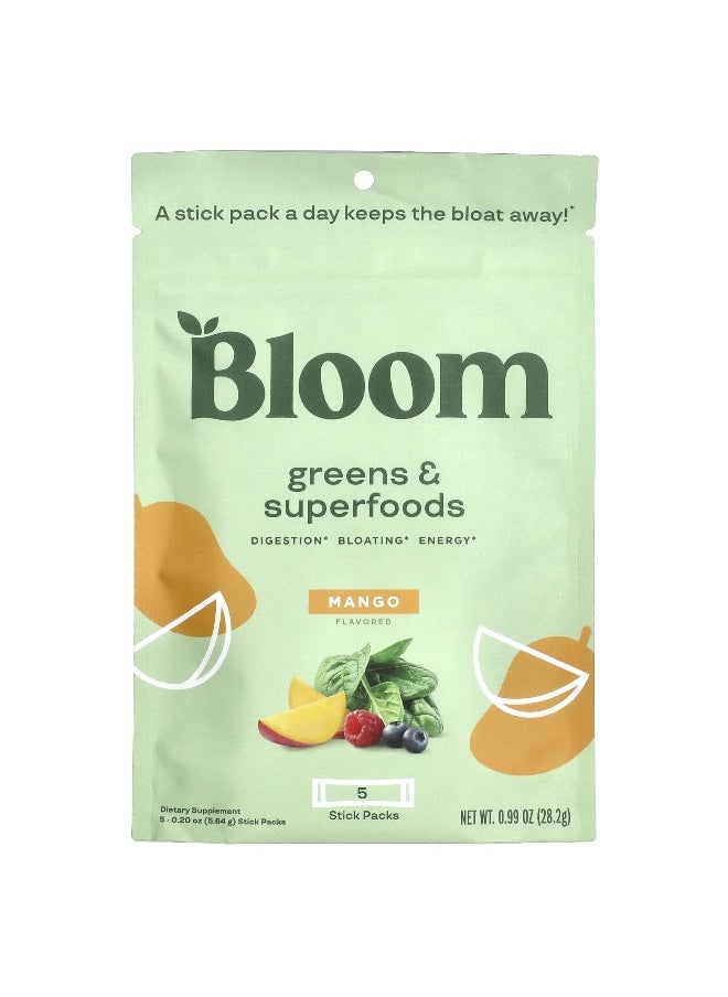 BLOOM Bloom, Greens & Superfoods, Mango, 5 Stick Packs, 0.2 oz (5.64 g) Each  - Image 1