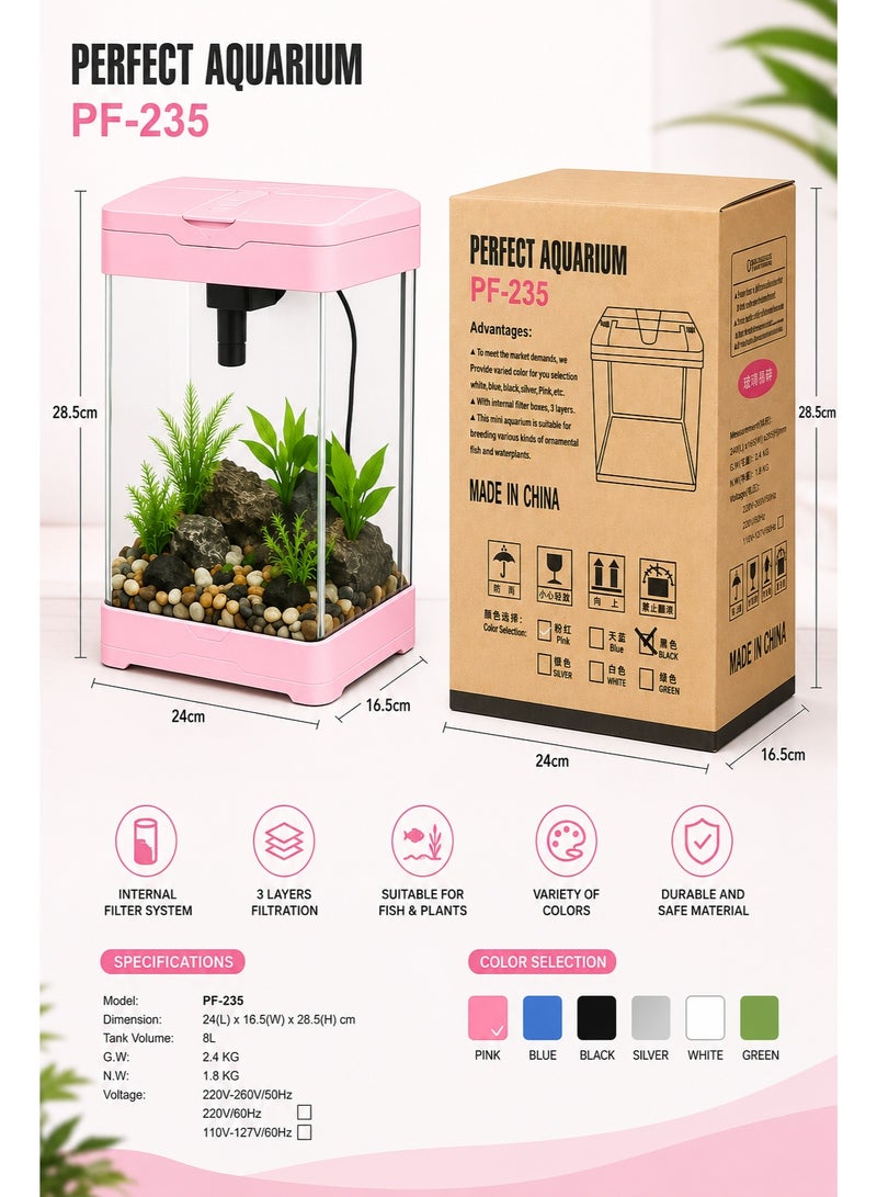Perfect Aquarium PF-235 Glass Fish Tank with 3-Layer Internal Filtration – 8L Desktop Aquarium with Built-in Filter for Fish & Aquatic Plants – Pink