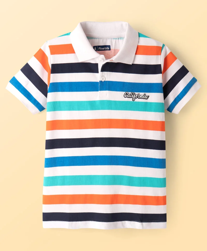 Pine Kids Pine Kids Cotton Knit Half Sleeves Striped Polo T-Shirt - Multicolor