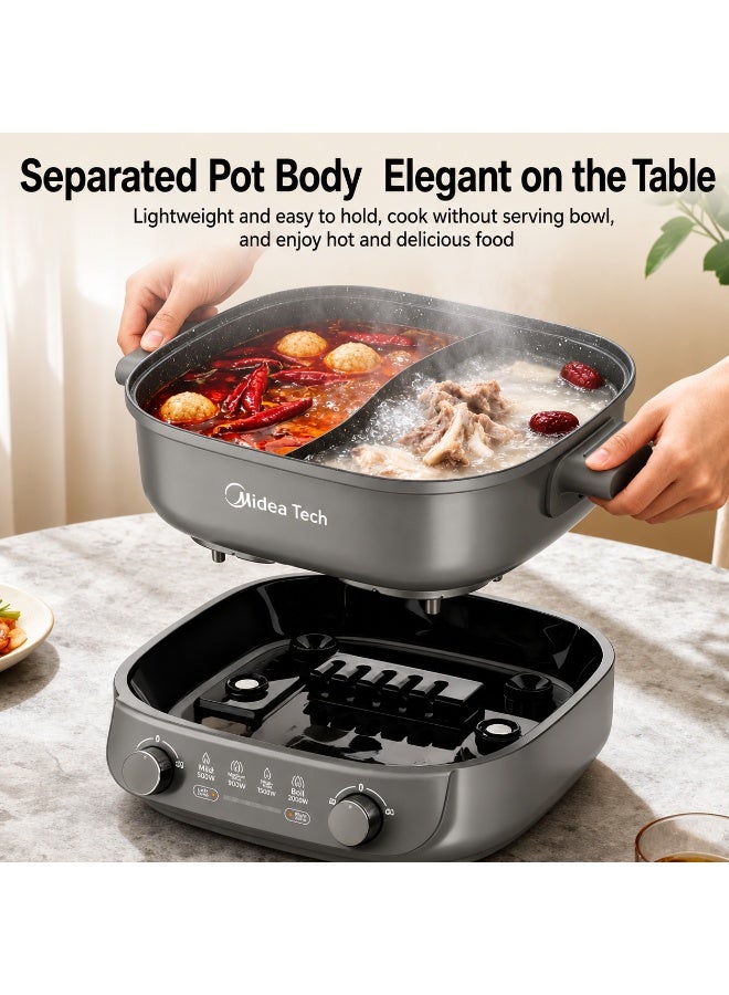 Midea Tech 6.2L Dual Zone Electric Hot Pot | 2000W Multi-Cooker with Independent Dual Temperature Control | Non-Stick Antibacterial Coating | Removable Cooking Pot | Glass Lid | Hot Pot, Grill, Stew & Soup Cooker - Image 5
