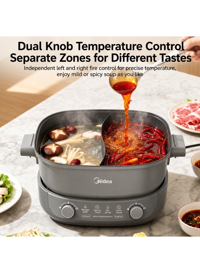 Midea Tech 6.2L Dual Zone Electric Hot Pot | 2000W Multi-Cooker with Independent Dual Temperature Control | Non-Stick Antibacterial Coating | Removable Cooking Pot | Glass Lid | Hot Pot, Grill, Stew & Soup Cooker - Image 2