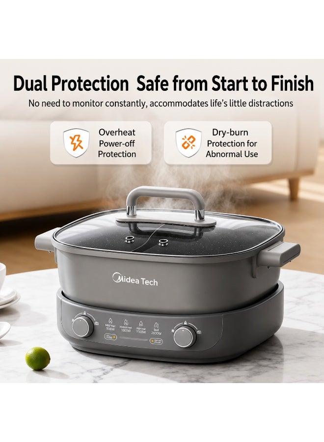 Midea Tech 6.2L Dual Zone Electric Hot Pot | 2000W Multi-Cooker with Independent Dual Temperature Control | Non-Stick Antibacterial Coating | Removable Cooking Pot | Glass Lid | Hot Pot, Grill, Stew & Soup Cooker - Image 3