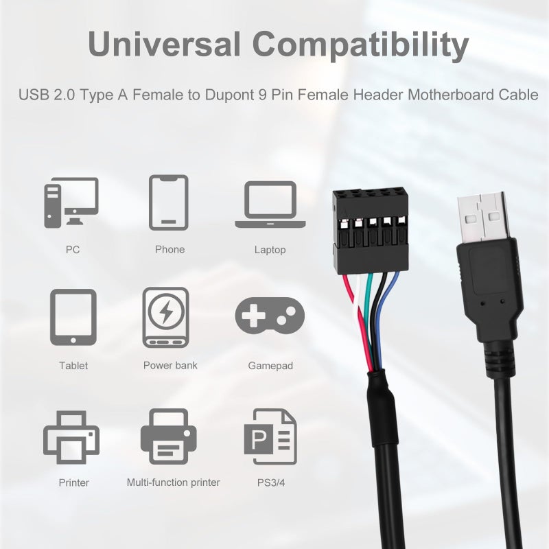 Duttek 9 pin USB Header to USB Cable, USB 2.0 Type A Male to Dupont 9 Pin Female Header Motherboard Cable Cord (AM to 9Pin 0.2M)(2 Pack) - Image 5