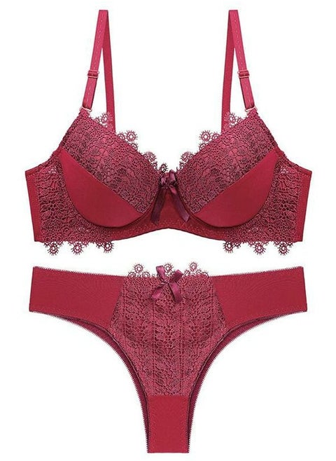 Comfy Solid Color Thin Cup Lace Bra Panty Set Red