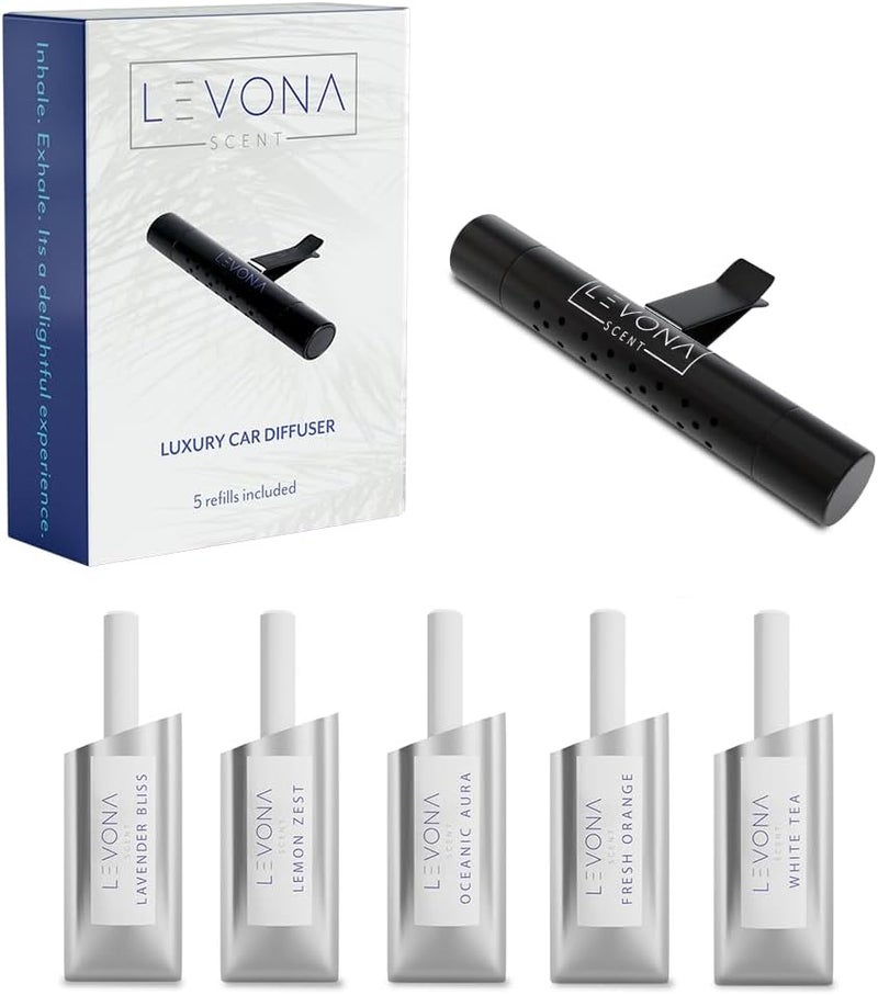 LEVONA SCENT مشبك تهوية السيارة ليفونا: ناشر عطر فاخر للسيارة - حزمة متنوعة من 5 أعواد عطرية - معطر هواء للرجال والنساء - أسود - Image 1