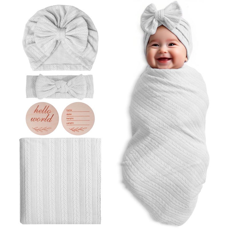 Muslin BlanketBaby Swaddle Set Newborn  Receiving Headband Blankets and Bow HatNewborn Essentials Soft Nursery Swaddling BlanketsStretchy Baby Blankets for Girls and Boys UnisexWhite