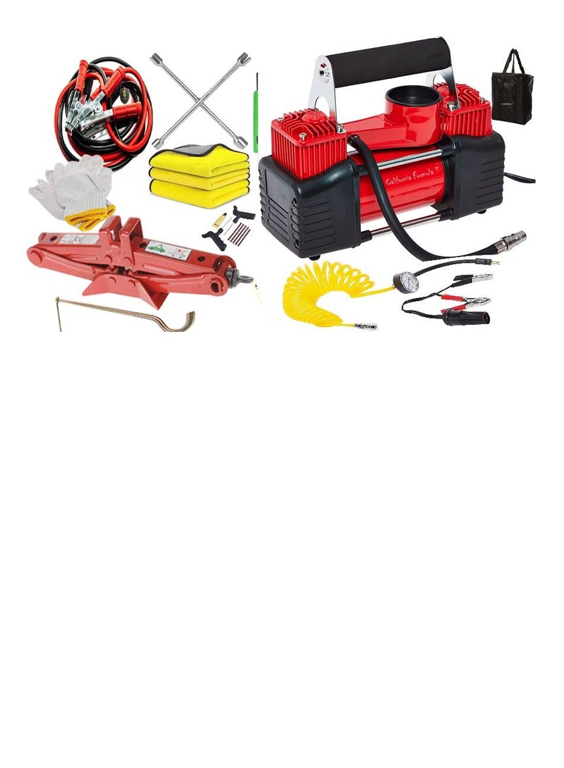 California formula-T California 2V Double Cylinder Air Compressor - Includes Car Jack 1.5 Ton, Booster Cable 500Amp 2.5 Mtr, Deflator, Cleaning Towels (3pcs 40x40cm), Gloves, Carry Bag Combo Pack - Image 1
