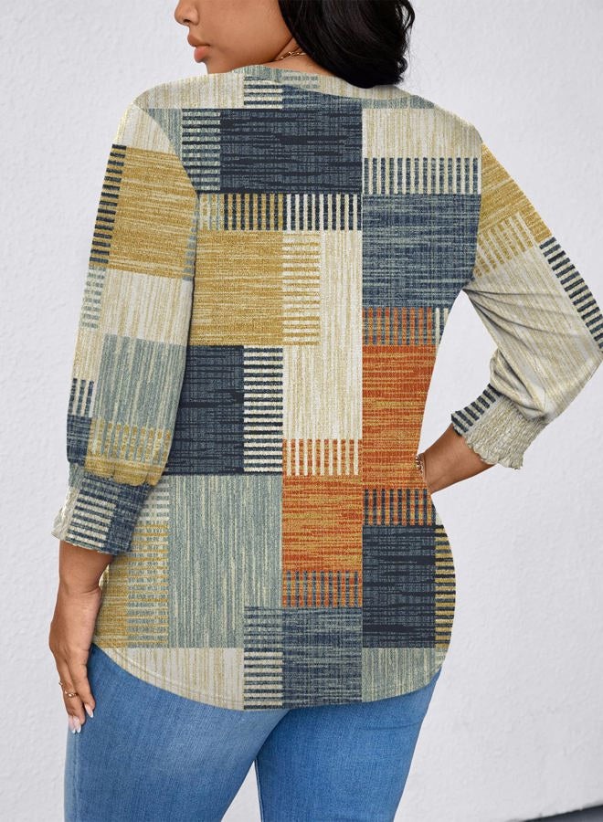 TFSDOD Womens Plus Size Tops 3/4 Sleeve Blouses Summer V Neck Shirts Smocked Cuffs Spring Outfits 1X-5X, Orange Blue Plaid, 5XL Plus - Image 3