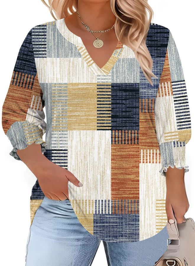 TFSDOD Womens Plus Size Tops 3/4 Sleeve Blouses Summer V Neck Shirts Smocked Cuffs Spring Outfits 1X-5X, Orange Blue Plaid, 5XL Plus - Image 1
