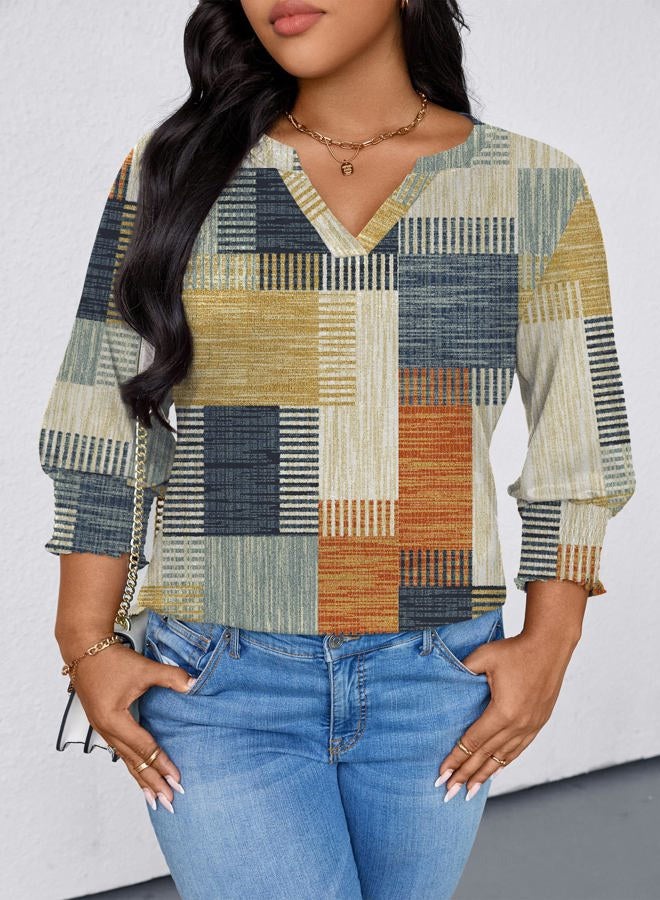 TFSDOD Womens Plus Size Tops 3/4 Sleeve Blouses Summer V Neck Shirts Smocked Cuffs Spring Outfits 1X-5X, Orange Blue Plaid, 5XL Plus - Image 4