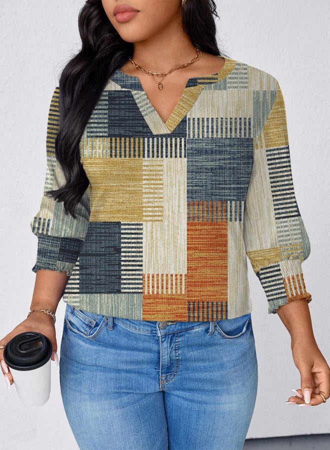 TFSDOD Womens Plus Size Tops 3/4 Sleeve Blouses Summer V Neck Shirts Smocked Cuffs Spring Outfits 1X-5X, Orange Blue Plaid, 5XL Plus - Image 5