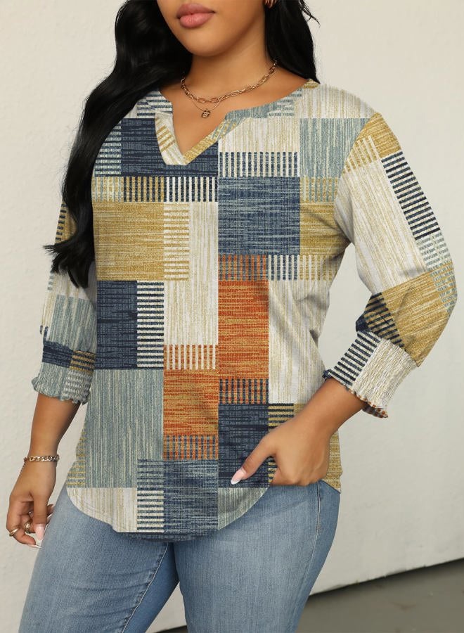 TFSDOD Womens Plus Size Tops 3/4 Sleeve Blouses Summer V Neck Shirts Smocked Cuffs Spring Outfits 1X-5X, Orange Blue Plaid, 5XL Plus - Image 2
