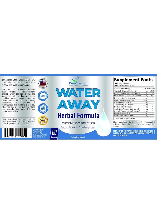 YUMMYVITE Water Away Gentle Herbal Diuretic - Natural Diuretic Water Pills - Relieve Bloating, Reduce Excess Water Weight with Dandelion Leaf, Green Tea, Detox Cleanse & Urinary Health. Non-GMO, 60 Capsules - Image 5