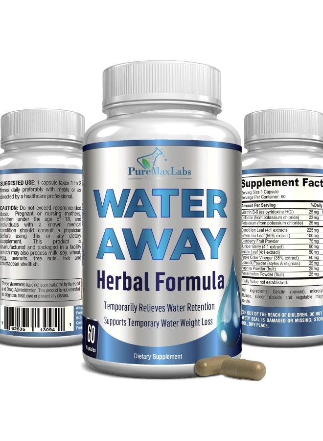 YUMMYVITE Water Away Gentle Herbal Diuretic - Natural Diuretic Water Pills - Relieve Bloating, Reduce Excess Water Weight with Dandelion Leaf, Green Tea, Detox Cleanse & Urinary Health. Non-GMO, 60 Capsules - Image 1