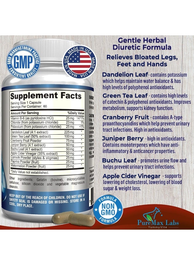 YUMMYVITE Water Away Gentle Herbal Diuretic - Natural Diuretic Water Pills - Relieve Bloating, Reduce Excess Water Weight with Dandelion Leaf, Green Tea, Detox Cleanse & Urinary Health. Non-GMO, 60 Capsules - Image 2