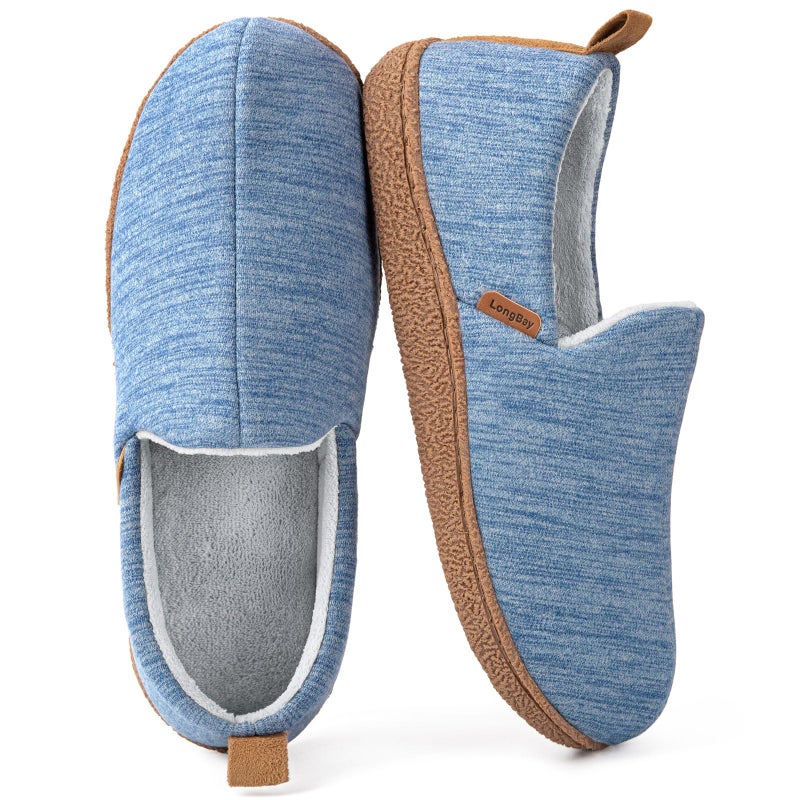 LongBay Women's Memory Foam House Shoes Cozy Brushed Jersey Slippers for Indoor Outdoor Blue, 9-10 - Image 1