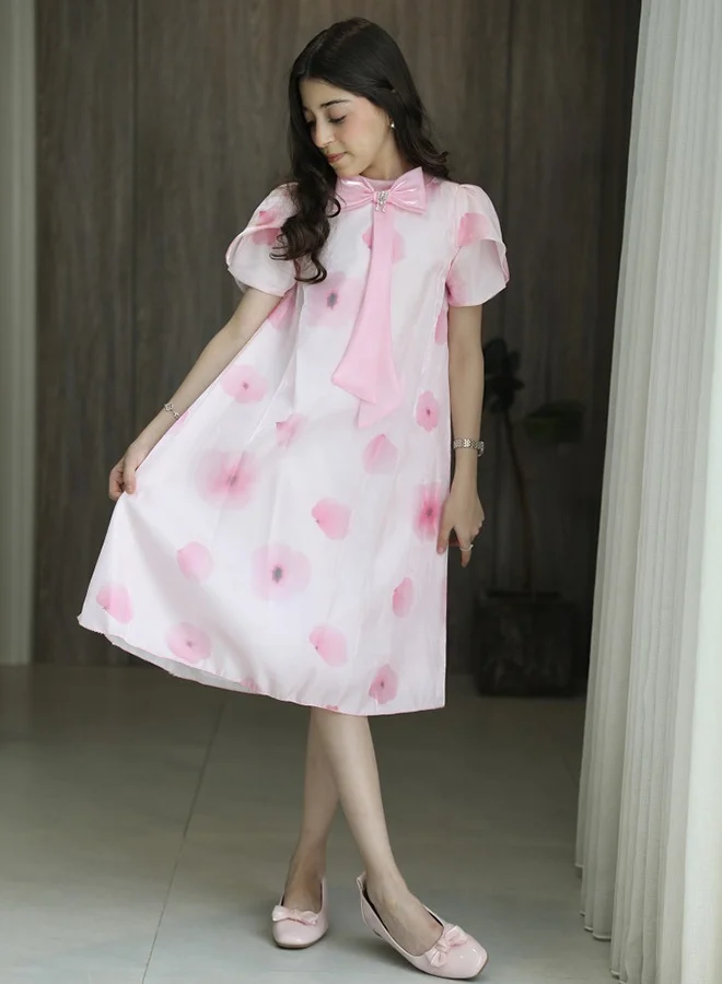 Hawraa Abaya Girls’ Pink Orchid Floral Dress with Cascading Back Bow Detail