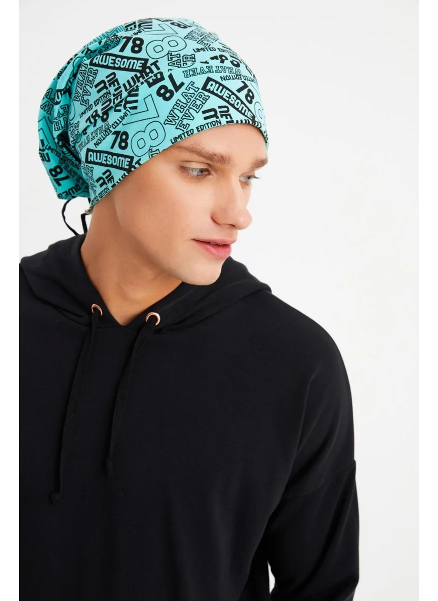 Butikgiz Men's Turquoise Patterned 4-Season Cotton Flexible Ultra Soft Light Sweat-Proof Thread Combed Cotton Hat