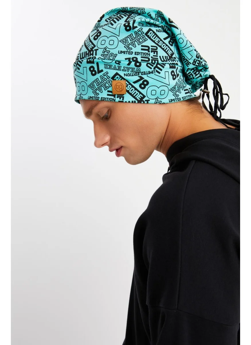 Butikgiz Men's Turquoise Patterned 4-Season Cotton Flexible Ultra Soft Light Sweat-Proof Thread Combed Cotton Hat