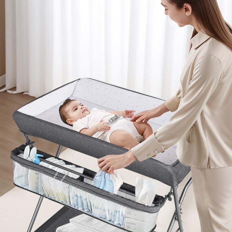 Maydolly Baby Changing Table with Wheels, Maydolly Portable Adjustable Height Folding Diaper Station with Nursery Organizer & Storage Rack for Newborn Baby and Infant (Dark Grey) - Image 2