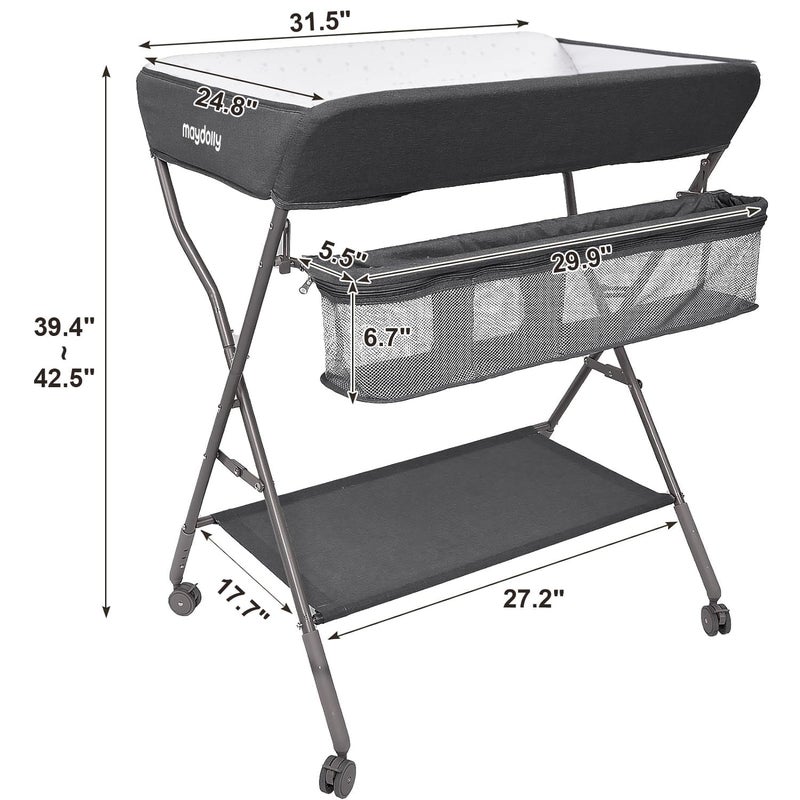 Maydolly Baby Changing Table with Wheels, Maydolly Portable Adjustable Height Folding Diaper Station with Nursery Organizer & Storage Rack for Newborn Baby and Infant (Dark Grey) - Image 3
