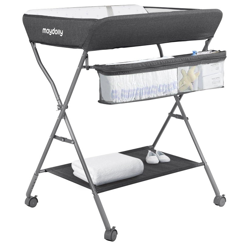 Maydolly Baby Changing Table with Wheels, Maydolly Portable Adjustable Height Folding Diaper Station with Nursery Organizer & Storage Rack for Newborn Baby and Infant (Dark Grey) - Image 1