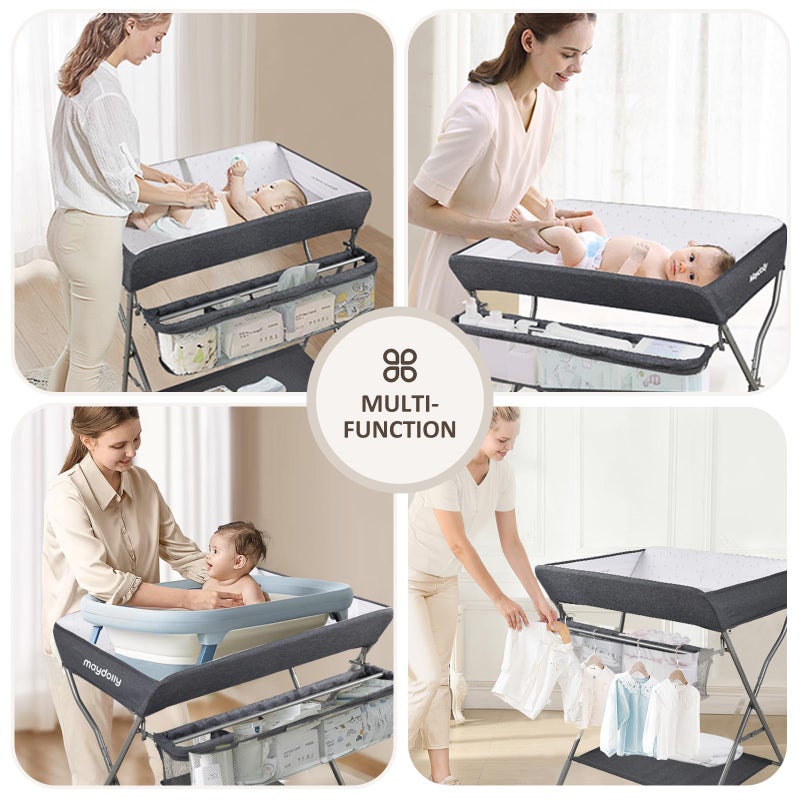 Maydolly Baby Changing Table with Wheels, Maydolly Portable Adjustable Height Folding Diaper Station with Nursery Organizer & Storage Rack for Newborn Baby and Infant (Dark Grey) - Image 5