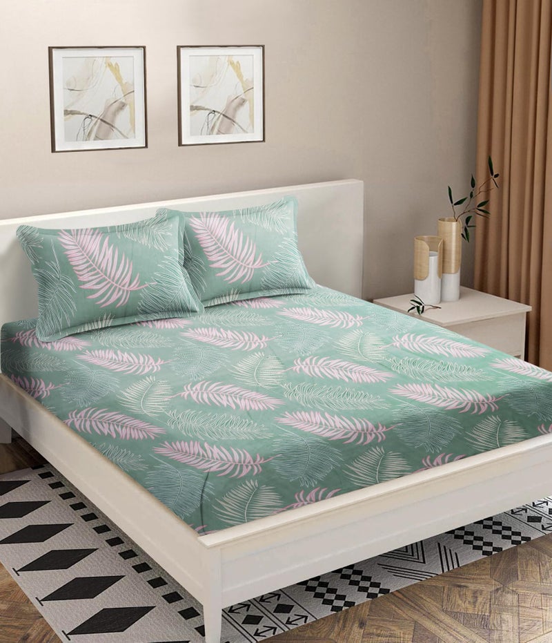 Modefe Green Microfiber Flat Wrinklefree Printed Double Bedsheet with 2 Pillowcovers (90x100 Inch) - Image 1