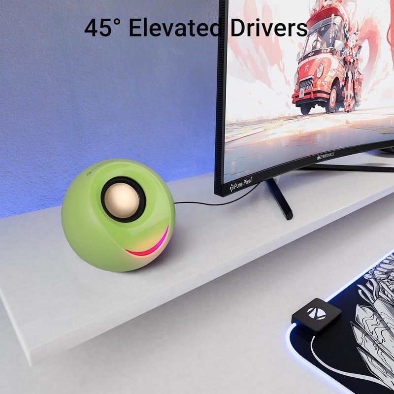 ZEBRONICS مكبرات صوت الكمبيوتر زيب-بلوز 2.0، 8 واط، سائقين مرتفعين بزاوية 45°، مشعات سلبية مزدوجة، تعمل بالطاقة عبر USB، مدخل AUX، زر التحكم في الصوت، إضاءة RGB LED، لأجهزة اللابتوب والكمبيوتر المكتبي (أخضر) - Image 4