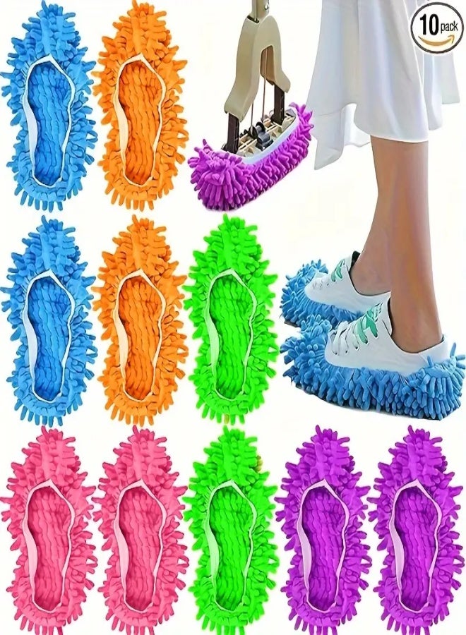 AROAQ 10pcs Microfiber Cleaning Slippers Shoe Covers – Washable Reusable Mop Socks for Floor Cleaning, Dust, Dirt & Pet Hair Removal – Multicolor Soft Chenille Slippers for Men, Women & Kids, Free Size - Image 1