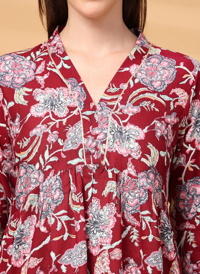 LARGISH Women Maroon Floral Printed A-Line Kurta with Three-Quarter Sleeves - Image 2