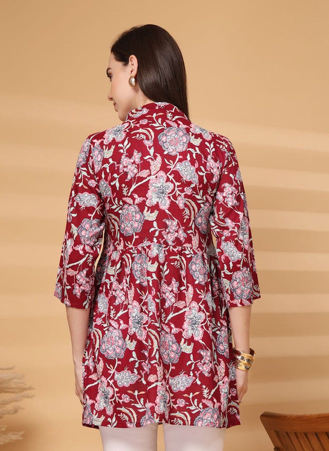 LARGISH Women Maroon Floral Printed A-Line Kurta with Three-Quarter Sleeves - Image 4