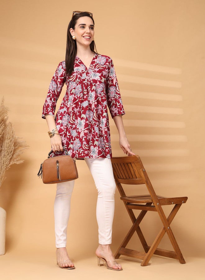 LARGISH Women Maroon Floral Printed A-Line Kurta with Three-Quarter Sleeves - Image 5