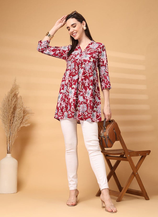 LARGISH Women Maroon Floral Printed A-Line Kurta with Three-Quarter Sleeves - Image 1