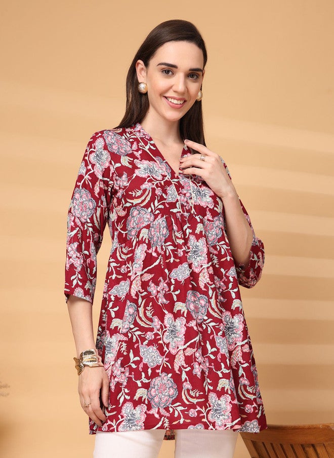 LARGISH Women Maroon Floral Printed A-Line Kurta with Three-Quarter Sleeves - Image 3
