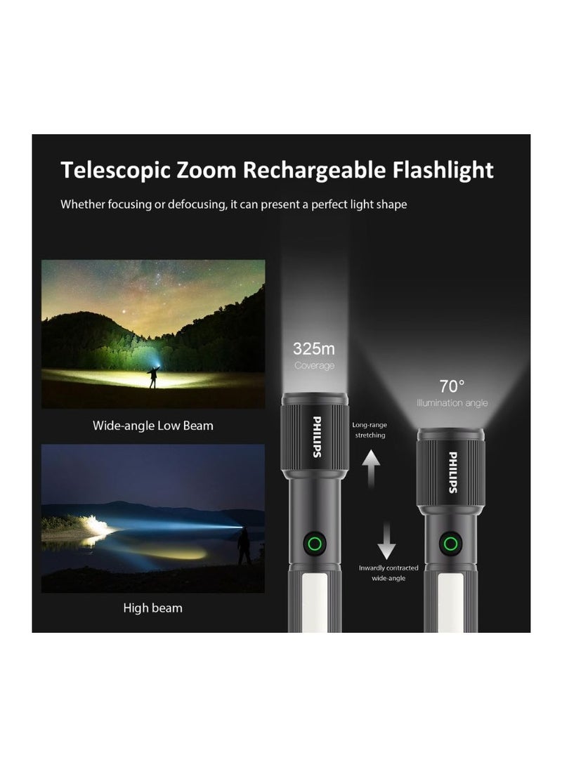 PHILIPS Torch Rechargeable, 7W Magnetic Torch & Side Bright Light, 330 Lumens Emergency Flashlight, 325M Coverage, 2000mAh Battery, Telescopic Zoom, Lightweight Flash Light for Home, Camping, Hiking Grey & Black - Image 2