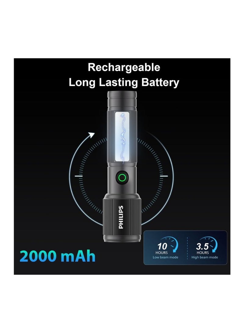 PHILIPS Torch Rechargeable, 7W Magnetic Torch & Side Bright Light, 330 Lumens Emergency Flashlight, 325M Coverage, 2000mAh Battery, Telescopic Zoom, Lightweight Flash Light for Home, Camping, Hiking Grey & Black - Image 4