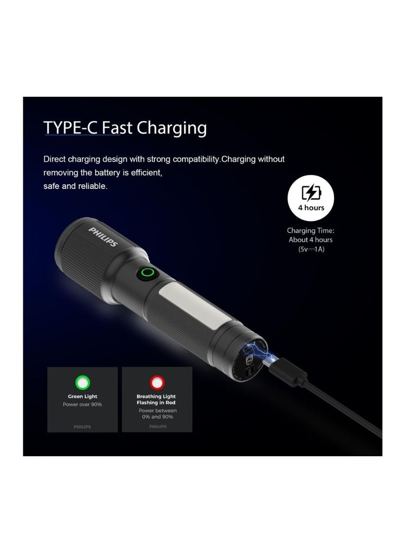 PHILIPS Torch Rechargeable, 7W Magnetic Torch & Side Bright Light, 330 Lumens Emergency Flashlight, 325M Coverage, 2000mAh Battery, Telescopic Zoom, Lightweight Flash Light for Home, Camping, Hiking Grey & Black - Image 3