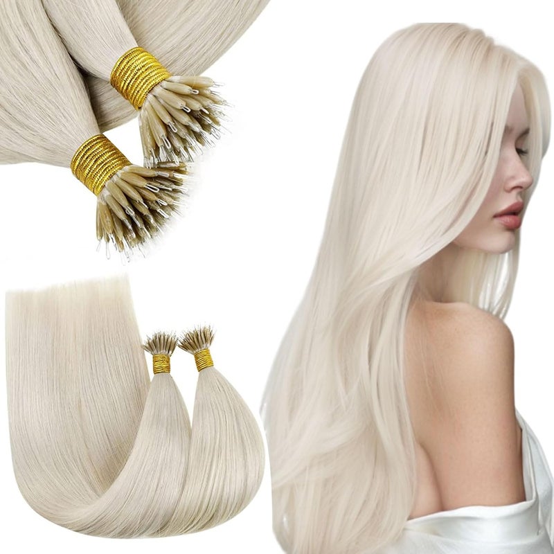 RUNATURE Nano Hair Extensions Real Human Hair Blonde Nano Beads Hair Extensions White Blonde Invisible Nano Ring Straight Remy Hair 50g 50s 18 Inch 800