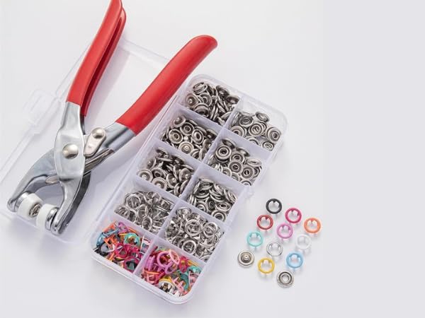 TASMAX button press machine for clothes snap100 Sets Eyelets button kit for home use Metal Fasteners with Hand Pliers Tool Snap Buckles Leather Snap Kit for Baby Children's Clothing (Multicolor) PACK1 - Image 1