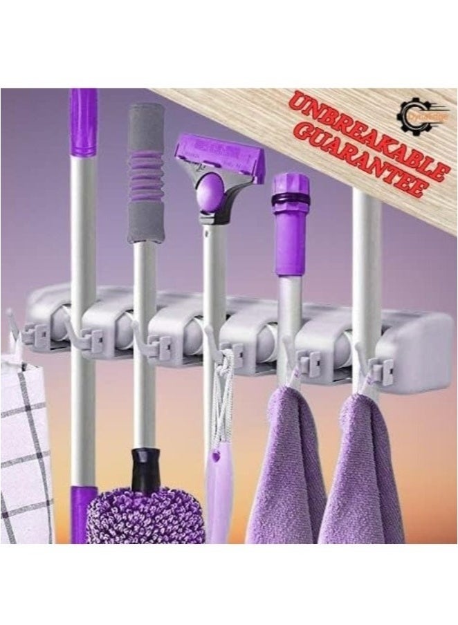 Happy Home Wall-Mounted Broom and Mop Holder Organizer | 5-Slot Cleaning Tool Rack with Hooks for Home & Garage Storage - Image 4