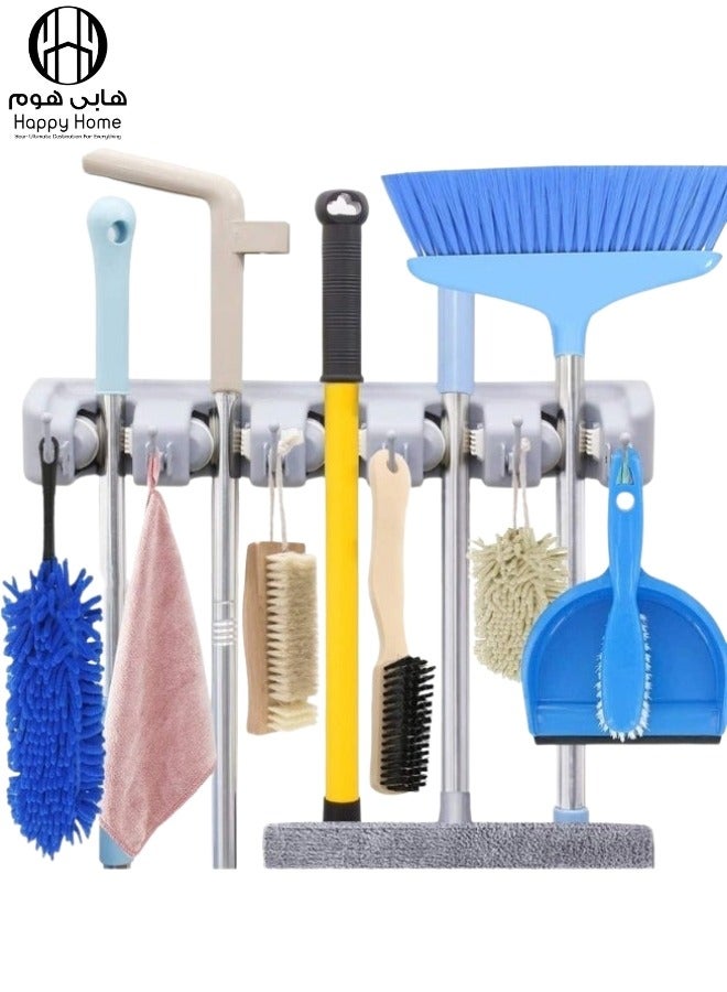 Happy Home Wall-Mounted Broom and Mop Holder Organizer | 5-Slot Cleaning Tool Rack with Hooks for Home & Garage Storage - Image 1