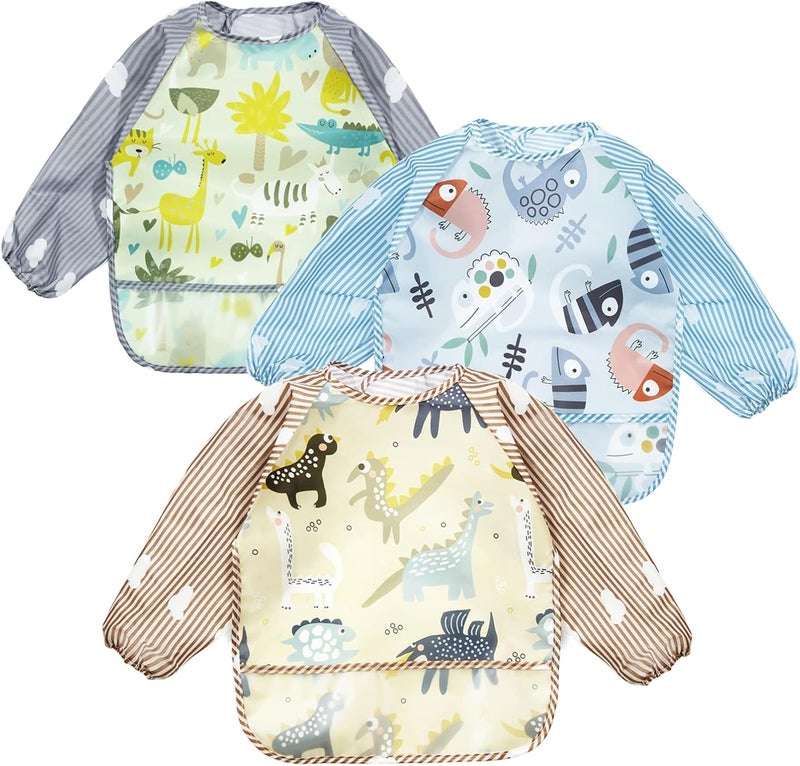 PandaEar 3 Pack Waterproof Baby Bibs with Long Sleeve| Baby Feeding Bib Painting Apron Bibs for Infant Toddler 6-36 Months (Lizard) - Image 1