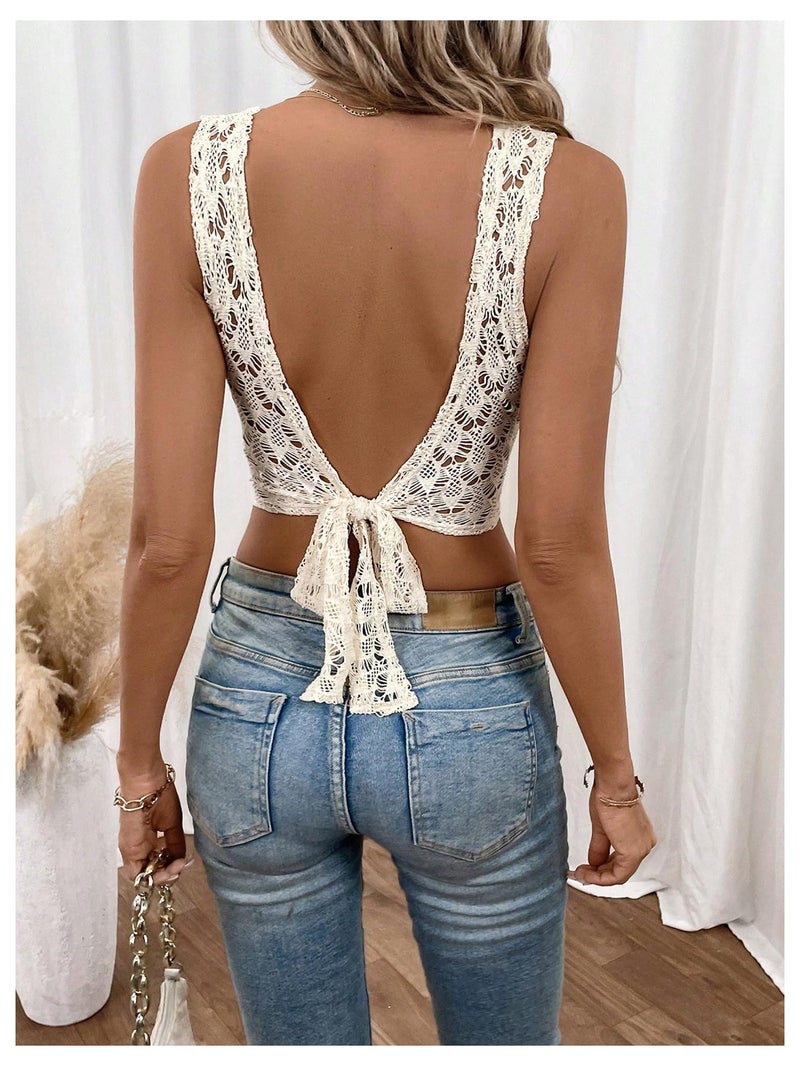 SweatyRocks Women's Country Concert Outfits Tie Backless Lace Crop Top Sexy Going Out Tops Boho Western Outfits Apricot Large - Image 3