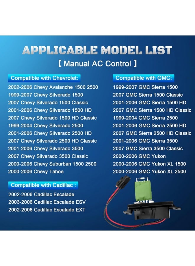 89019089 مقاوم مروحة محرك منفاخ HVAC يناسب طرازات 1999 2000 2001 2002 2003 2004 2005 2006 Chevy Silverado 1500 2500 Tahoe GMC Sierra Yukon C'adillac Escalade 973-004، 89018597، 22807122 - Image 3