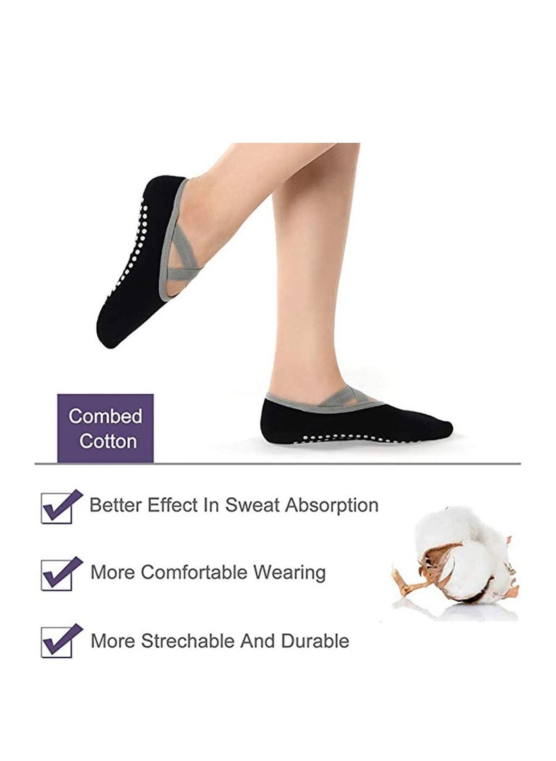 Y&D Yoga Socks, 2 Pairs Pilates Socks for Women with Grips & Straps, Easy to Put On, Cotton Pilates, Barre, Ballet, Dance, Barefoot Workout Black Grey  - Image 2