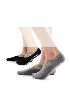 Y&D Yoga Socks, 2 Pairs Pilates Socks for Women with Grips & Straps, Easy to Put On, Cotton Pilates, Barre, Ballet, Dance, Barefoot Workout Black Grey  - Image 1