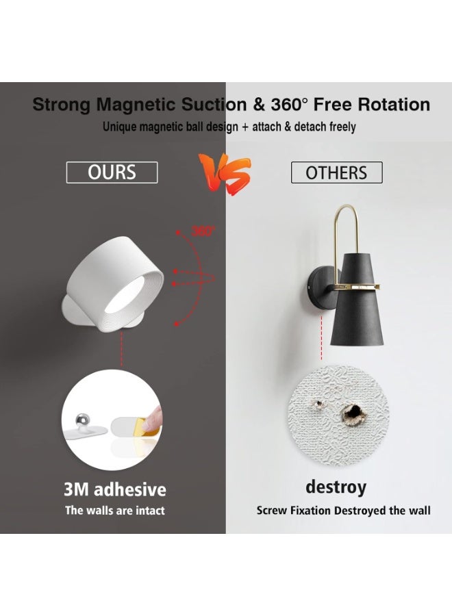 LED Wall Sconces, Wall Mounted Lamps with Rechargeable Battery Operated Dim 3 Brightness Removable Charging 360°Rotate Magnetic Ball, Cordless Wall Light for Reading Study Bedside Hallway - Image 3
