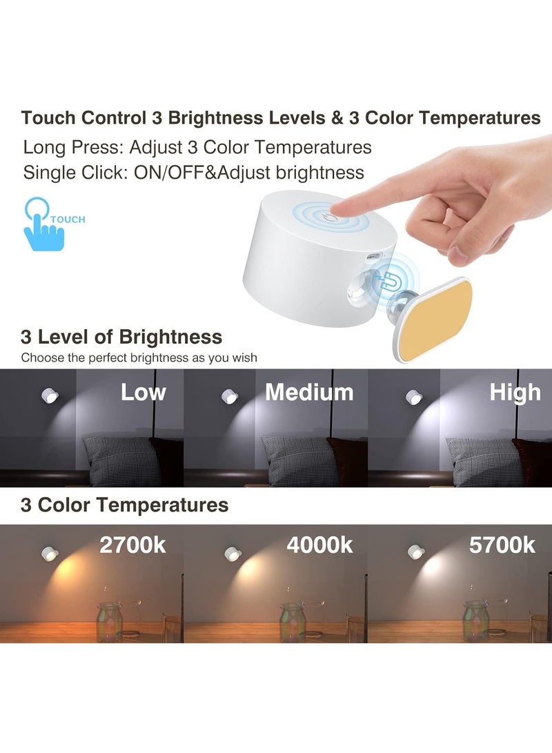 LED Wall Sconces, Wall Mounted Lamps with Rechargeable Battery Operated Dim 3 Brightness Removable Charging 360°Rotate Magnetic Ball, Cordless Wall Light for Reading Study Bedside Hallway - Image 2